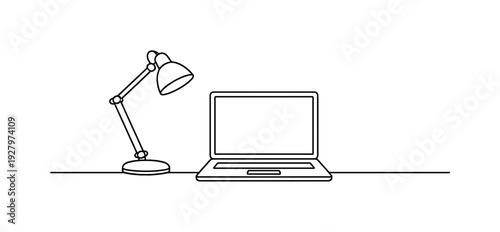 "Minimal Workstation". Minimalistic one-line drawing laptop with simple desk lamp and tidy surface line
