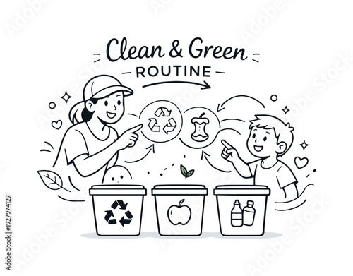 Eco-Friendly Waste Sorting. Clean and Green Routine. A cheerful character teaching a child how to separate