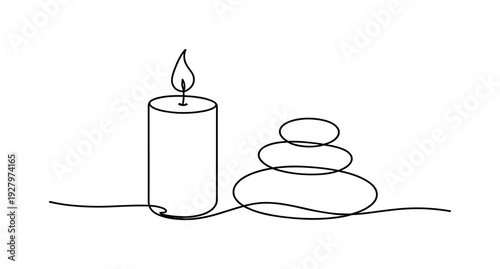 "Spa Candle and Stones". Minimalistic one-line drawing lit candle beside smooth stacked spa stones in balanced