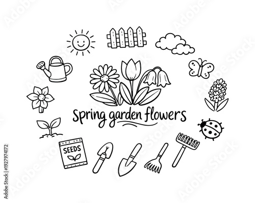 spring garden flowers. Hand-drawn doodle illustration of spring garden flowers. In the middle, one slightly