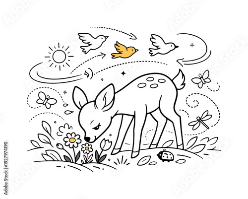 Spring Meadow Wildlife Scene. A young deer gently lowering its head toward blooming flowers, ears lifted