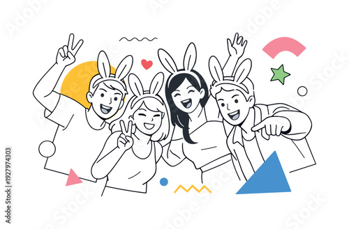 Spring photo booth concept. Friends posing together with matching bunny ears headbands, dynamic gestures and