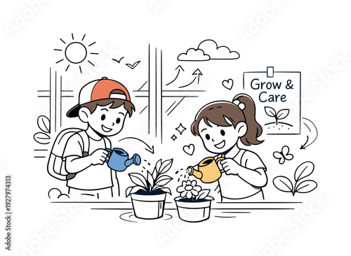 s,Kids Watering School Plants. Two cheerful students standing near classroom windows, carefully pouring water