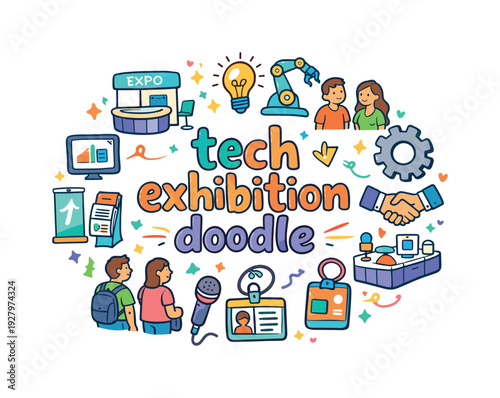 Tech Expo Doodle. tech exhibition doodle. Hand drawn illustration of tech exhibition doodle. expo booth, light