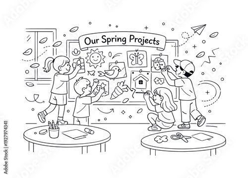 Spring Art Display in Class. A lively interior scene with students pinning bright spring-themed crafts onto a