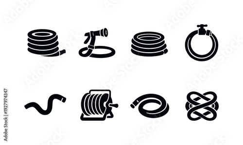 Outdoor watering hose outline collection. Filled icon set of Outdoor watering hose outline collection: garden