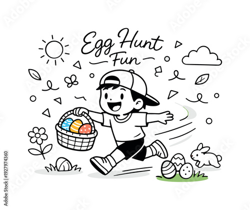 n. All icons in onlBackyard egg hunt morning. A cheerful child running with an egg hunt basket filled with