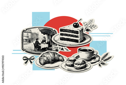 Minimalist editorial collage of overlapping black and white antique café illustration plates with pastries and