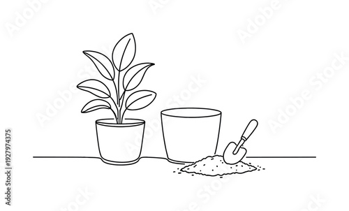 "Indoor Plant Care". Minimalistic one-line drawing tabletop scene with plant, new pot, and small pile of soil
