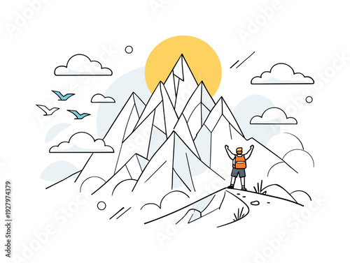 Mountain landscape adventure. Tall geometric peaks rising sharply, a tiny hiker standing on a ridge with arms