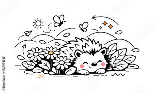 Hedgehog in Bloom. Cute Hedgehog Among Flowers. A charming garden setting with a hedgehog resting beside