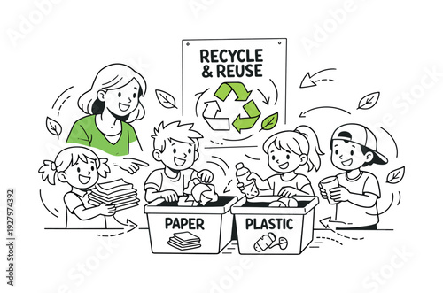 School Recycling Lesson. A teacher guiding children as they sort paper and plastic into labeled containers, a