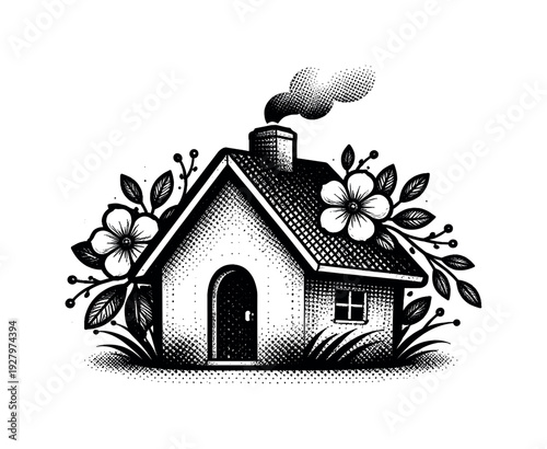 Symbolic composition of a simplified cottage silhouette intertwined with minimal floral shapes around the