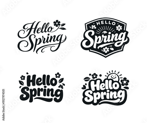 Hello Spring. Set lettering. 4 harmonious lettering variations of the same emblematic concept, each with
