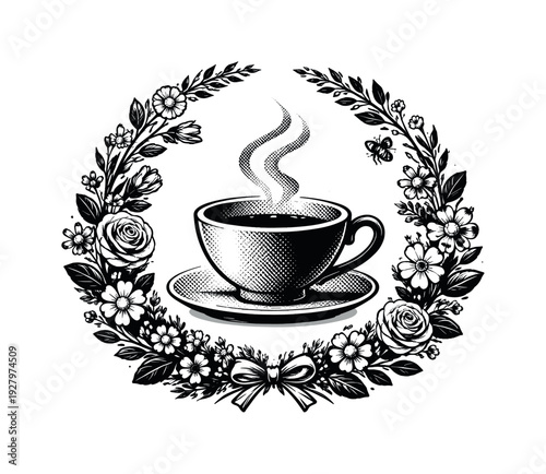 Symbolic composition of a teacup silhouette encircled by a simplified floral wreath suggesting a garden tea