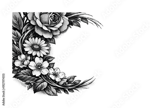 Close-up of a section of a floral wreath showing overlapping blossoms and curved stems, monochrome halftone