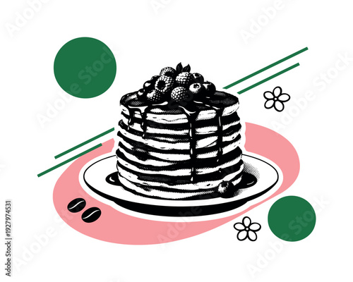Modern poster-style graphic collage of a single oversized black and white stack of pancakes topped with