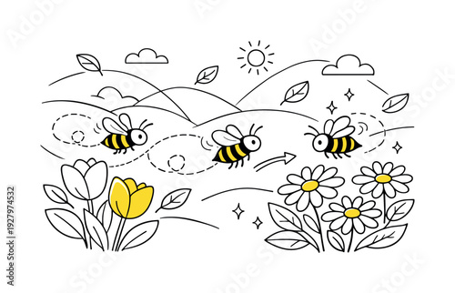 Bees and Blooms. Nature in Bloom with Busy Bees. Bees flying in gentle arcs between tulips and daisies, wings