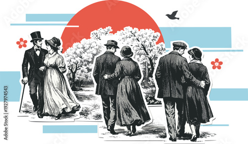Minimalist editorial collage of overlapping black and white antique illustration plates of couples strolling