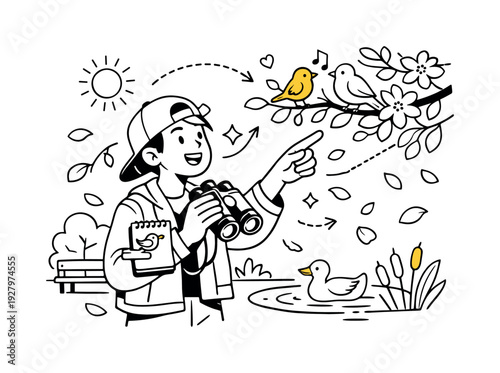 Bird Watching in Park. A curious character holding binoculars while standing beneath blooming trees, gently