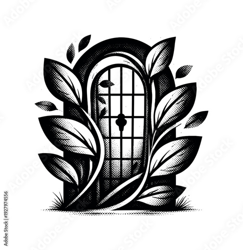 Symbolic composition of an arched garden gate silhouette intertwined with simple spring leaf shapes, form