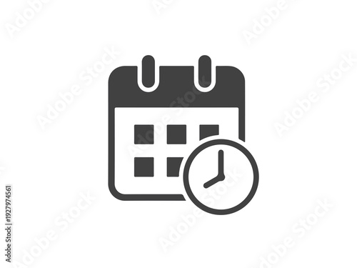 A simple icon of a calendar and clock on a white background
