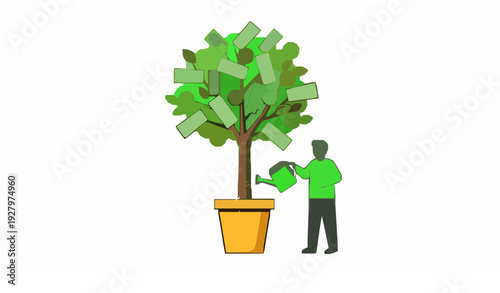 Money tree growth concept watering for financial prosperity vector