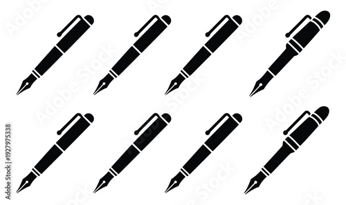 Fountain pen vector icon collection, elegant writing pen symbols, signature and documentation tool illustrations, editable vector set, flat and stroke style