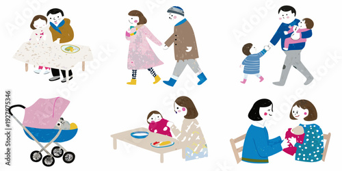 Illustrations depicting family life meals walks and childcare scenes