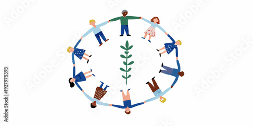 A diverse group of people holding hands in a circular formation