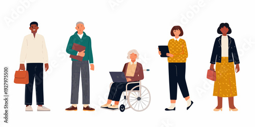 Diverse group of people standing and interacting including a wheelchair user