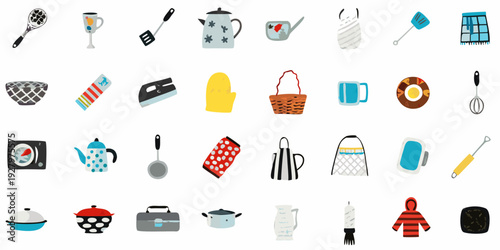 Colorful flat lay illustration depicting various kitchen tools and utensils