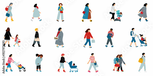Diverse group of stylized people walking in various fashionable outfits