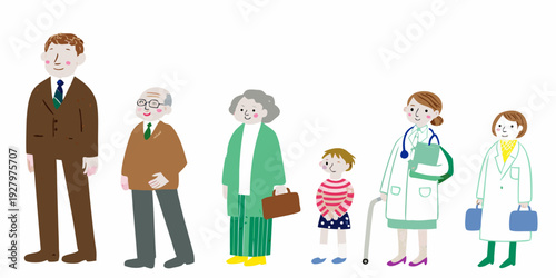 Diverse group of illustrated people including a doctor and elderly individuals