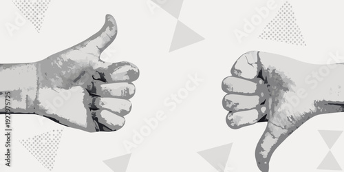 Two hands displaying opposing gestures thumbs up and thumbs down