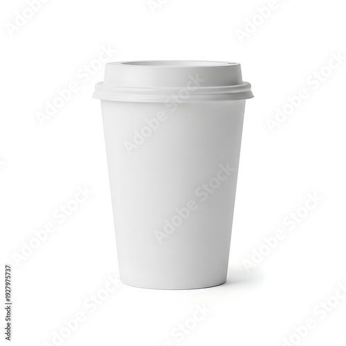 A white disposable cup with a lid on a plain background