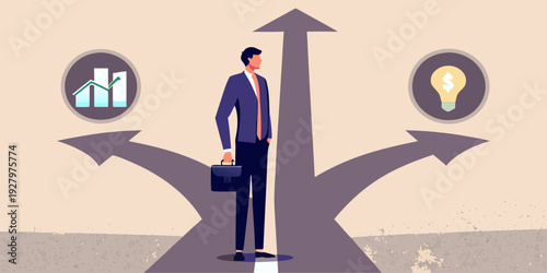 Businessman at a crossroads choosing between finance and data analytics