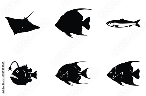Black fish silhouette collection including stingray and anglerfish for ocean design projects and marine biology illustrations with various sea creature shapes for creative aquatic graphic artworks