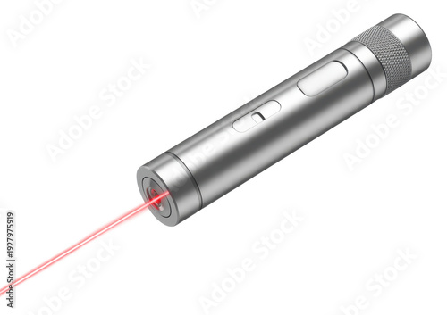 Laser pointer with red beam on white background silver isolated on a transparent background