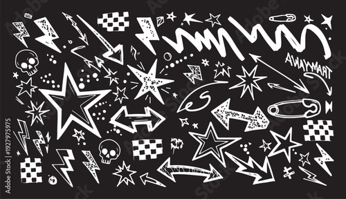A high-energy collection of white "street style" hand-drawn elements including lightning bolts, stars, safety pins, skulls, and arrows over a solid black chalkboard-style background.