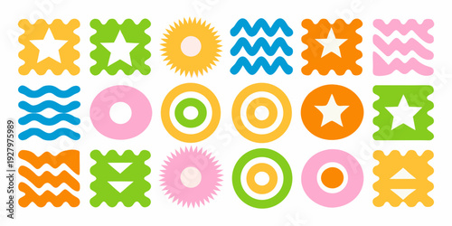 Colorful abstract shapes and patterns arranged in a grid formation