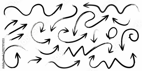 Collection of hand drawn black arrows and curved directional elements