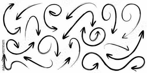 Collection of hand drawn black arrows and swirling directional lines