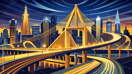 Very beautiful close-up portrait of illuminated highway bridge lights in Houston, Texas, forming rhythmic golden patterns against the night city backdrop.