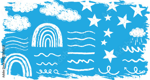A charming set of white hand-drawn weather elements including clouds, rainbows, stars, and decorative waves set against a textured blue background with a playful, chalk-like aesthetic.