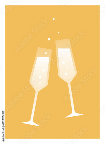 Flat vector illustration of two clinking champagne flutes with sparkling bubbles against a warm yellow background. Perfect for celebrations, weddings, New Year's Eve