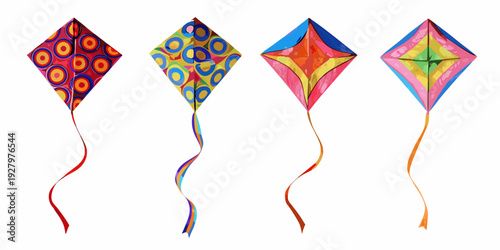 Four colorful diamond kites with long tails isolated on a white background