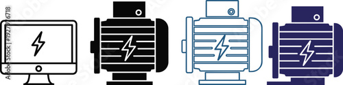 Electric motor and energy power icons set, industrial equipment vector collection isolated on white background technology illustration