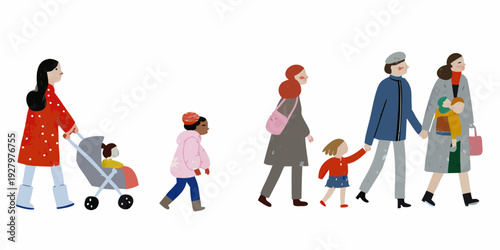 Diverse group of women and children walking together in a line