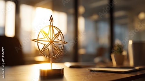 Elegant metallic compass on wooden desk with warm sunlight illuminating office environment and blurred background elements